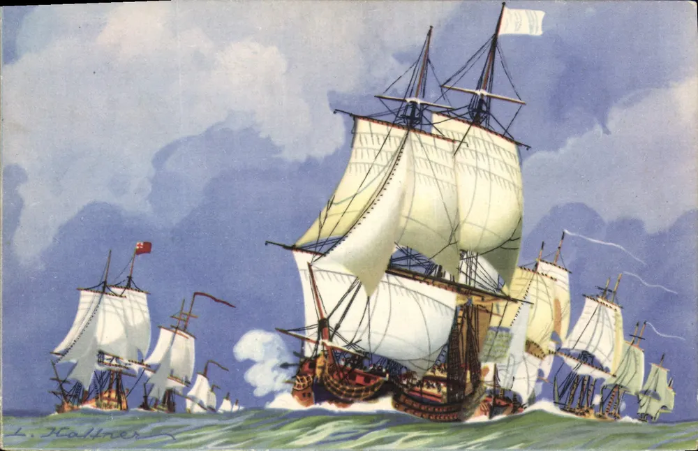 Schiffe im Nahkampf, Bug auf Steuerbord — englische Linie 'windwärts', französische Linie 'windabwärts' (Schiffe des 18. Jahrhunderts) — L. Hallner — Sammlung der Seefahrt- und Kolonialliga - Vorderseite