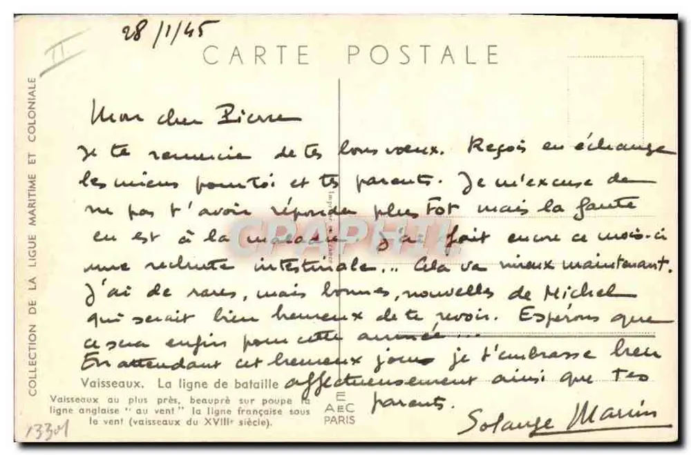 Schiffe im Nahkampf, Bug auf Steuerbord — englische Linie 'windwärts', französische Linie 'windabwärts' (Schiffe des 18. Jahrhunderts) — L. Hallner — Sammlung der Seefahrt- und Kolonialliga - Rückseite