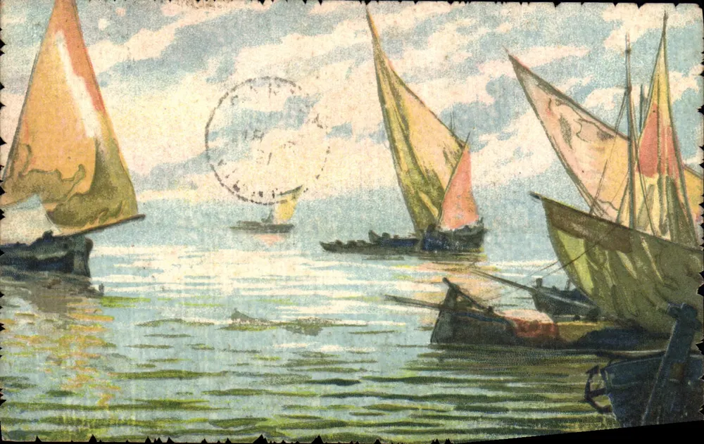 Cena marítima com barcos — Produção italiana, série artística Acquarello N° 1 A.M. 1815 - Frente