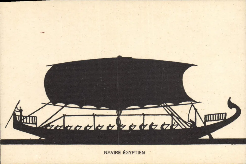 Navire Egiziano — illustrazione stilizzata — Éditions du Péllican, Parigi - Recto