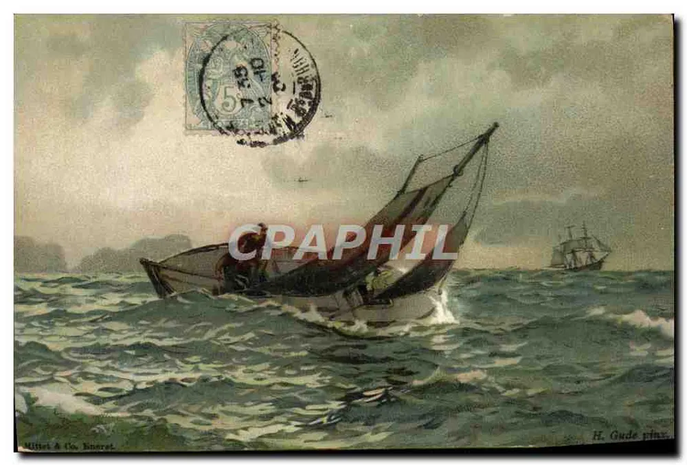 Barco a vela no mar — H. Gude, lit. A. & Co. Binéret - Frente