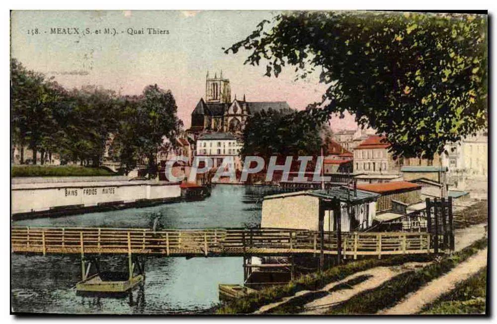 Meaux (S.-et-M.) - Quai Thiers — vista do canal com a catedral — editor J. Bourgogne - Frente