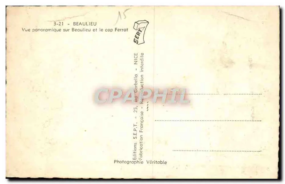 Beaulieu und Cap Ferrat — Panoramablick — Éditions S.E.P.T. - 25, bd Garbella - NICE - Rückseite