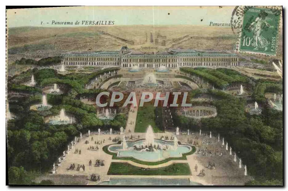 Panorama Versajl — widok z lotu nad zamekiem i ogrodami — M.° MOREAU ÉDIT. VERSAILLES - Awers