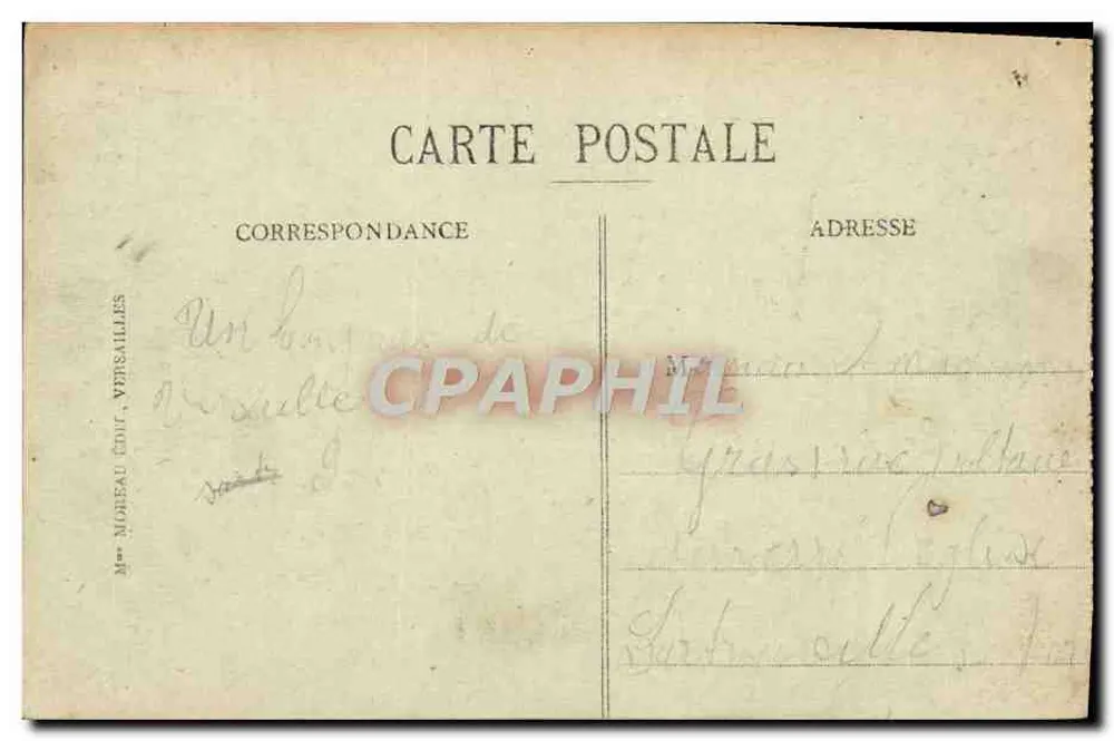 Panorama Versajl — widok z lotu nad zamekiem i ogrodami — M.° MOREAU ÉDIT. VERSAILLES - Rewers
