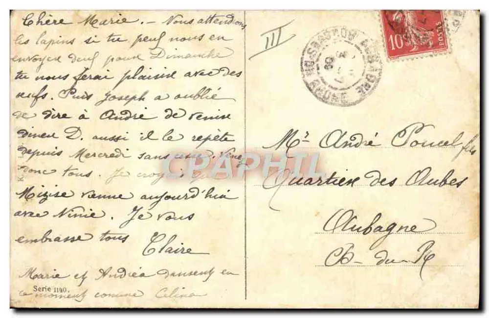 Menina com cachorro puxando um carrinho de bebê — cena bucólica — série 1190, editada por - Verso