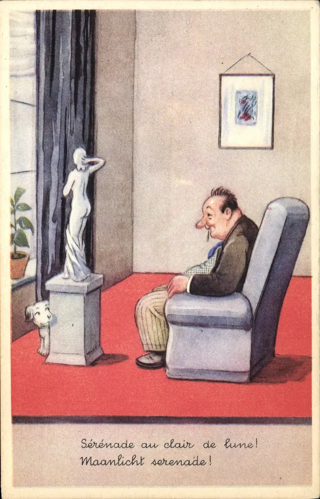 Serenata sob a luz da lua! — cena interior com homem, estátua e cachorro — n° 881 - Frente