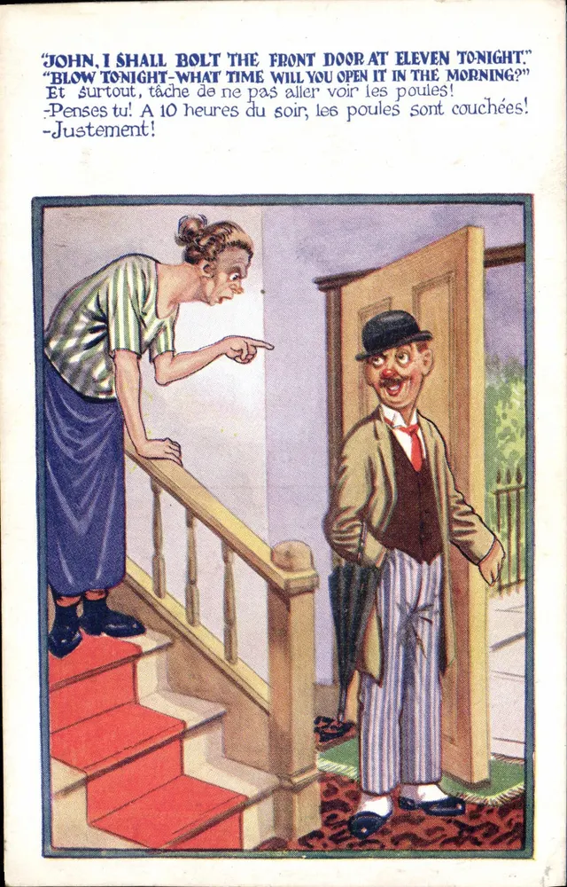 Humorvolle Innenansicht — Frau bedroht einen Mann an der Tür — Verlag P-C Paris, Nr. 28 - Vorderseite