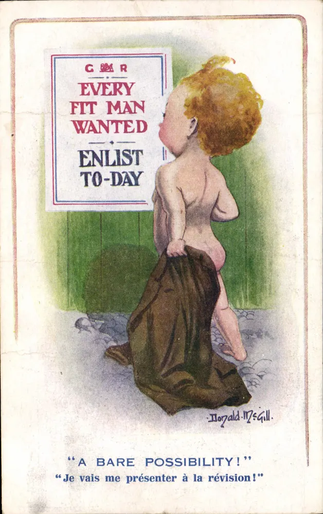 Babe vor einer Rekrutierungsplakat — Karikatur von Ronald McGill — Verlag Inter-Art Co. London - Vorderseite