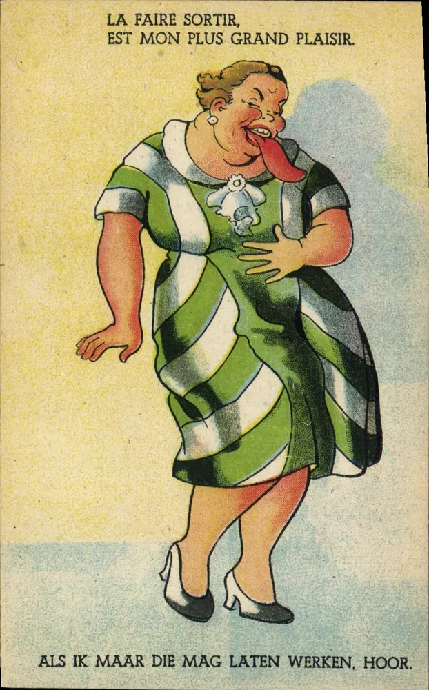 Frau in gestreifter grüner/weißer Kleidung — Karikatur - Vorderseite