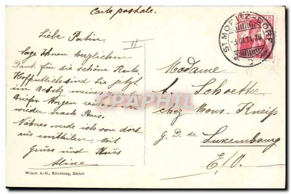 Esquí y motonieve sobre nieve — St. Moritz — editor Wehrli A.-G., Kilchberg, Zúrich, n° 7216 - Reverso