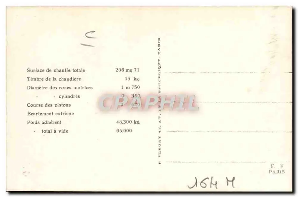 Locomotiva francesa N° 2565 — Série 2541 a 2570 Oeste — Editor F. Fleury, Paris - Verso