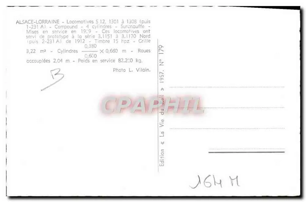 Elsass-Lothringen — Lokomotiven S 12, 1308 (Gewicht 82,20 kg) — Ausgabe « La Vie du Rail » Nr. 179 - Rückseite