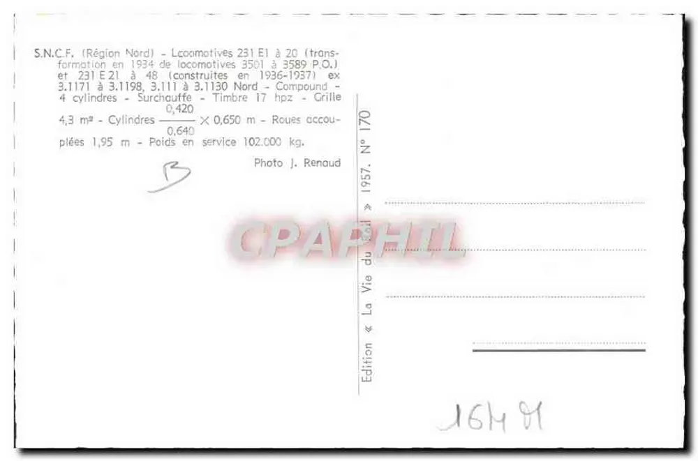 Locomotiva 231 E1 à 20 — S.N.C.F. (Região Norte) — Edição « La Vie du Rail » N° 170 - Verso