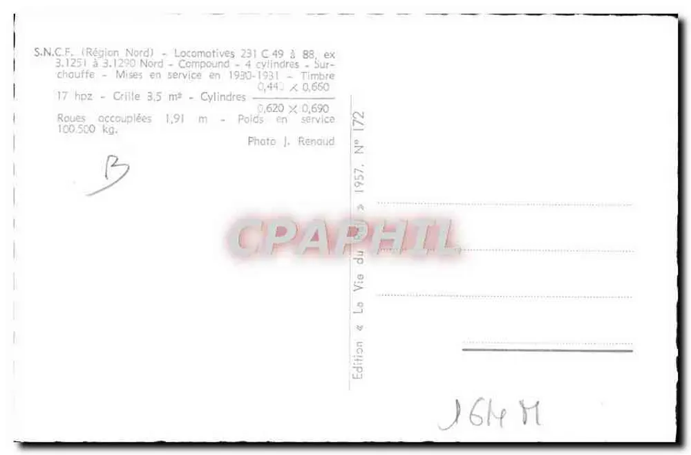 Locomotiva 231 C 49 a 88 — S.N.C.F. Regione Nord — Edizione «La Vita Ferroviaria» N° 172 - Verso
