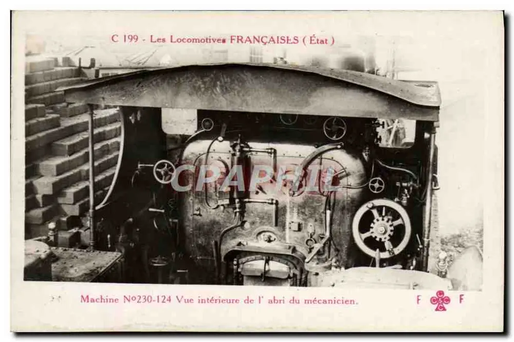 Innenansicht des Mechaniker-Schutzes — Maschine Nr. 230-124 — Französische Lokomotiven (Staat) — Verleger: F. Fleury & Cie, Paris - Vorderseite