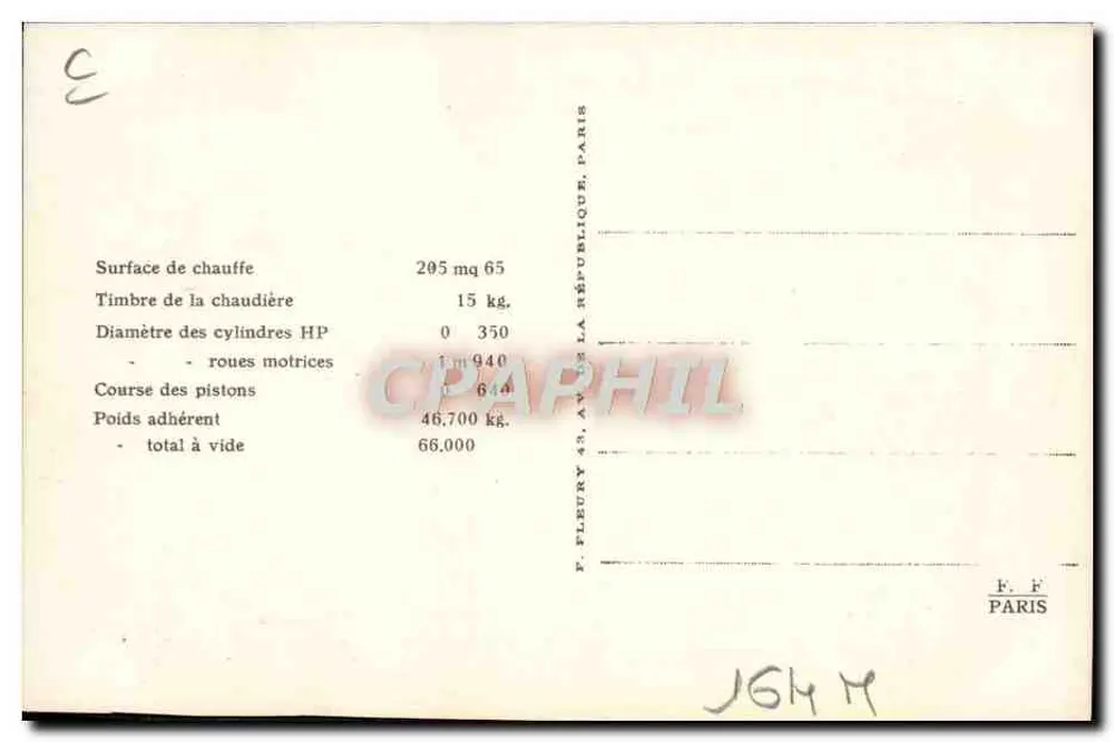 Locomotiva francesa N° 230-609 — Série 230-541 a 230-618 — editor F. F. Paris - Verso