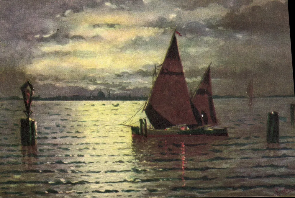 Embarcação a vela ao entardecer — S. Gallet — editor Ballerini & Fratini, série 502 - Frente