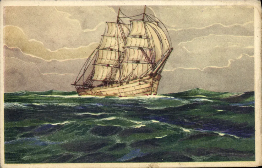 Navio a vela — mar agitado — Imprimerie de la Belgique, n° 1088 - Frente