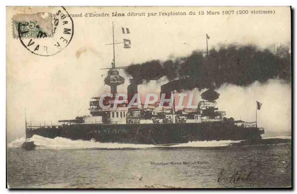 Kreuzer Iéna zerstört durch Explosion am 12. März 1907 (200 Opfer) — Phototypie Maroux Bar, Toulon - Vorderseite