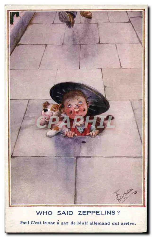 Enfant et chien cachés sous un couvercle — humour sur les Zeppelins — E. J. H. C. Ludgate, série 634 - Recto