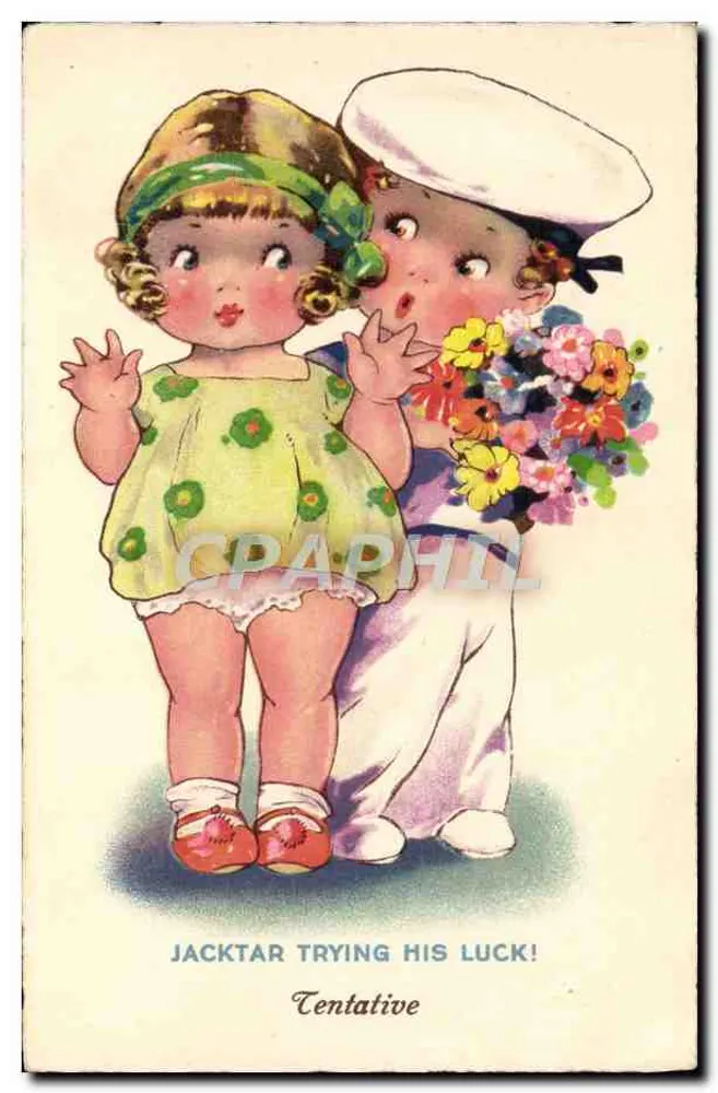 Criança em uniforme marítimo oferecendo uma flor à menina — Tentativa — editor Tentativa - Frente