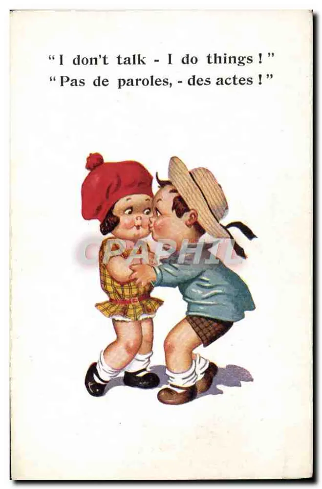 Zwei Kinder, die sich küssen — 'I don't talk - I do things !' / 'Pas de paroles, - des actes !' — Inter-Art Co., 'COMIQUE' Series, n° 6902 - Vorderseite