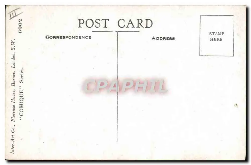 Zwei Kinder, die sich küssen — 'I don't talk - I do things !' / 'Pas de paroles, - des actes !' — Inter-Art Co., 'COMIQUE' Series, n° 6902 - Rückseite