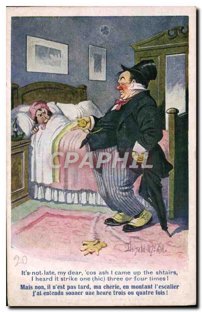 Noite de acordar cômico — homem em traje de palhaço ao pé da cama — Inter-Art Co. Ltd. n°2192 - Frente
