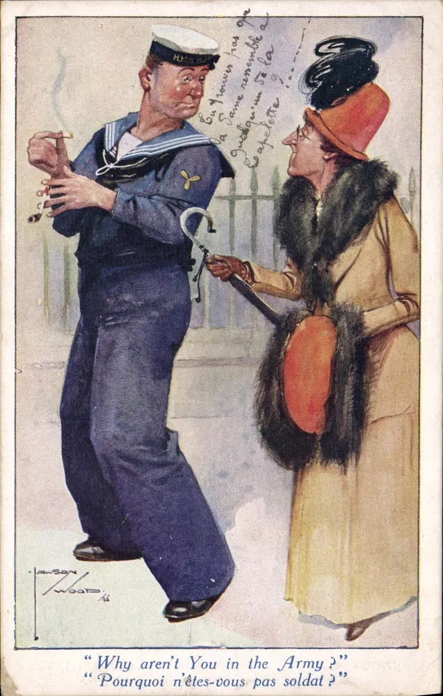 Sailor and Woman — 'Why aren't you in the Army?' — Dawson Wood, No. 1592 - Recto
