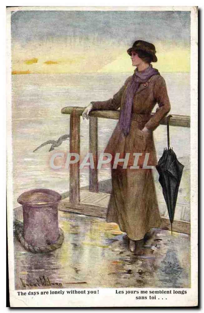 Femme seule au quai — scène de quai mouillé — éditeur 'British Manufacture' et série 'Inter-Age Lion Square' (n°1197) - Frente
