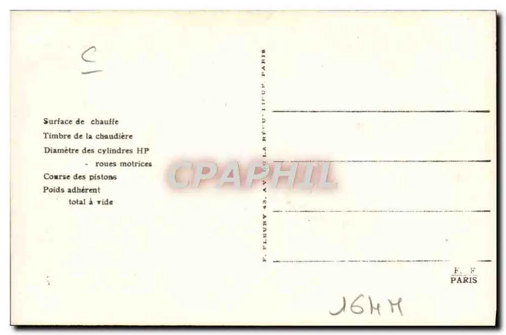 Locomotiva francesa n° 2721 — Série 2721 a 2750 Oeste — editor F. Fleury, Paris - Verso