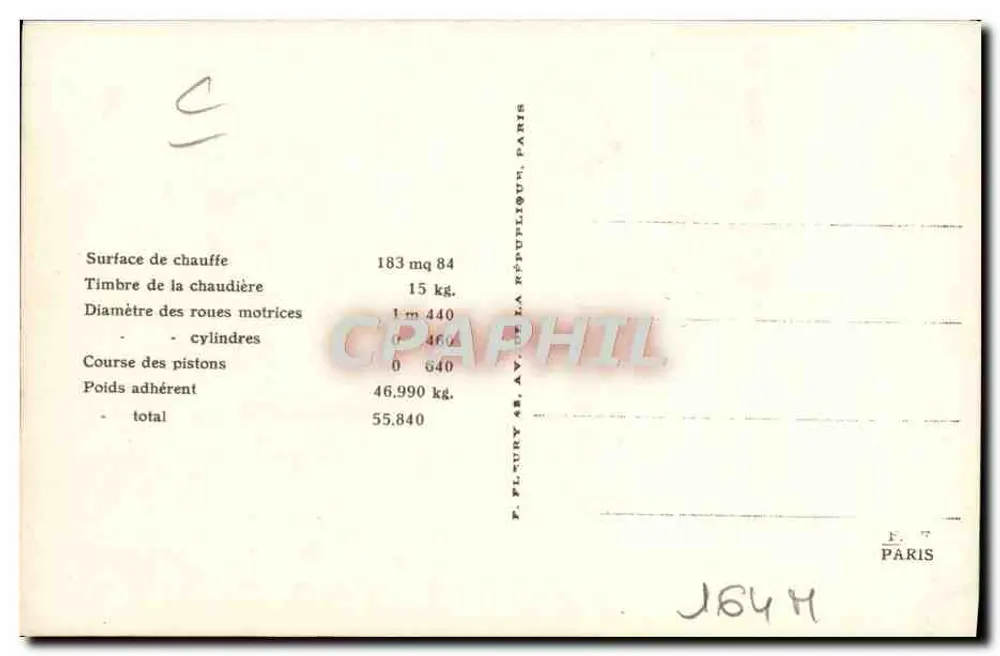 Locomotiva francesa Mogul — N° 130-609 — Editor F. Flutury, Paris - Verso