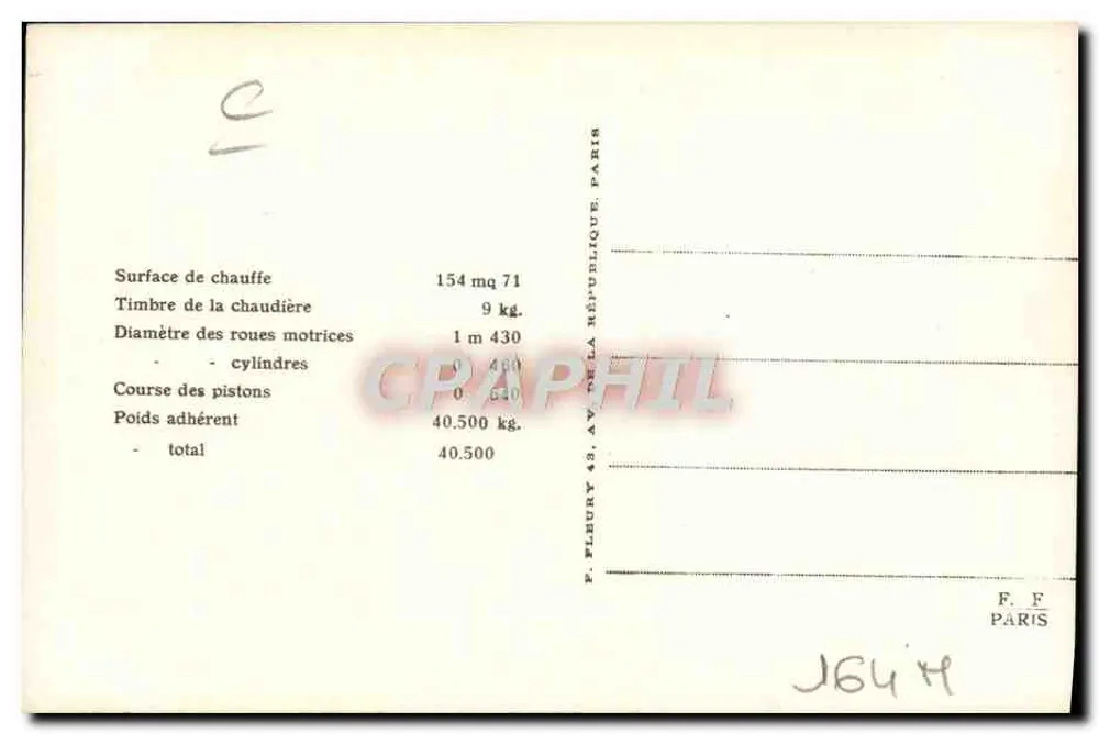 Locomotiva francesa N° 030-844 — Série 030-577 a 030-860 — Editor F. Fleury, Paris - Verso