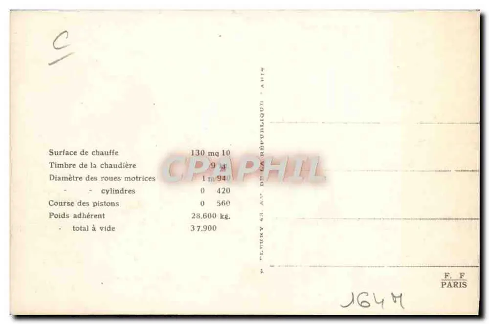 Dampflok Nr. 120-794 — Compagnie de l'Ouest — Serie 120-751 bis 120-881 — Verleger F. F. - Rückseite