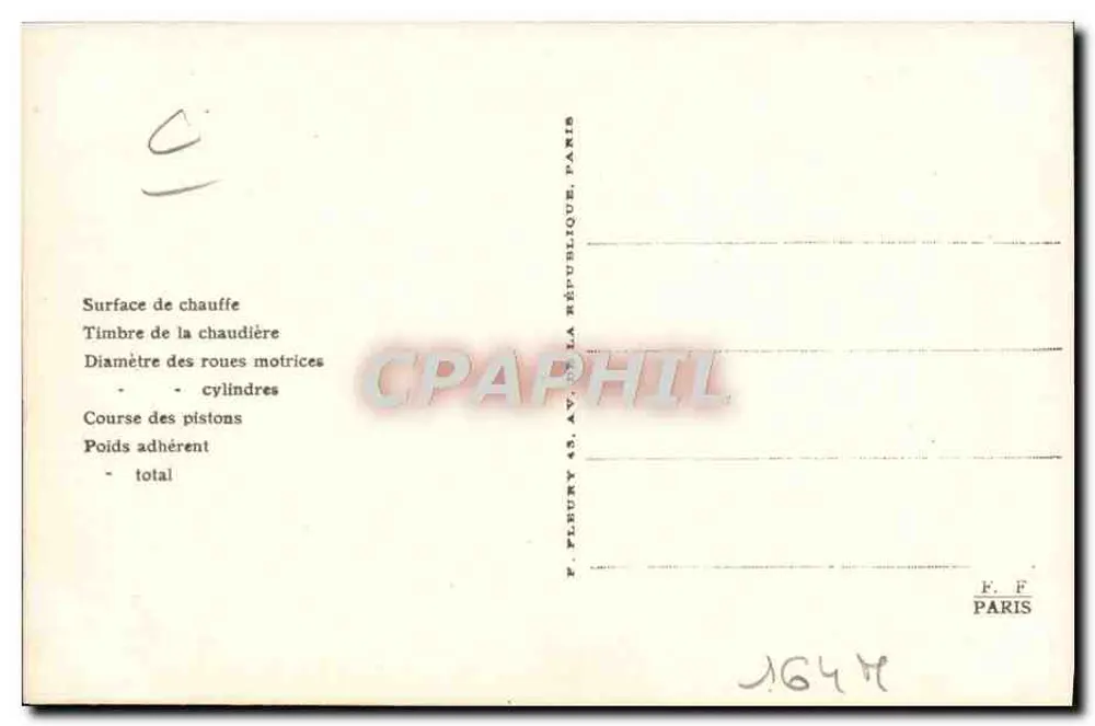 Machine-tender N° 30-011 — Locomotivas Francesas (Estado) — Editor F. F. Paris - Verso