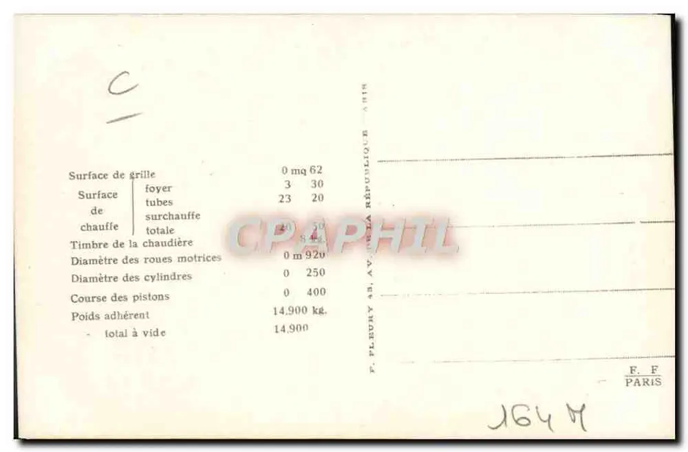 Locomotiva francesa C 159 bis — Máquina-tender N° 0208, com 2 eixos acoplados — Editor F. Fleury, Paris - Verso