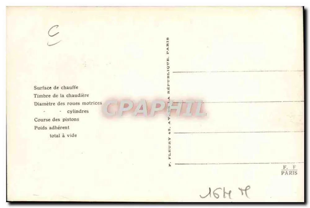 Locomotiva francesa n° 220-521 — Série 220-518 a 220-562 — Editor P. Fleury, Paris - Verso