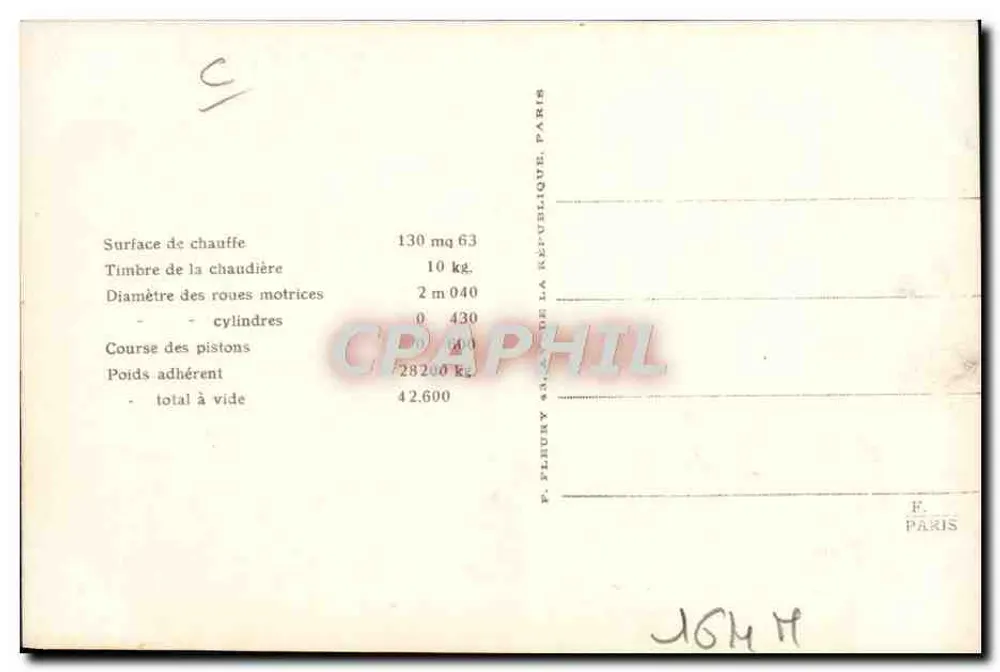 Locomotiva francesa n° 220-261 — série 220-256 a 220-271 — editor P. Fleury, Paris - Verso