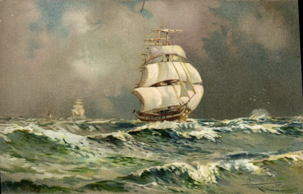 Navire à voile en mer agitée — peinture d'après l'œuvre de Henri Coates — éditeur non visible - Frente