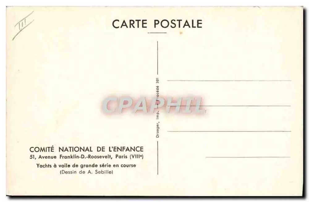 Segelyachten in einer großen Serie während eines Rennens — Zeichnung von A. Sebille — Comité National de l'Enfance, Paris - Rückseite