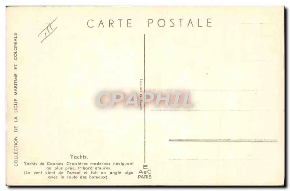 Rennsegler — Moderne Kreuzfahrten, eng an den Wind gehalten, Steuerbordseil — Sammlung der Seefahrt- und Kolonialgesellschaft, Imprimerie de France, Paris - Rückseite