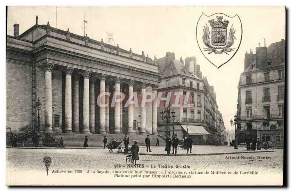 Nantes - O Teatro Graslin — fachada concluída em 1788, estátuas de oito musas, interior com estátuas de Molière e de Corneille, teto pintado por Hippolyte Bertheaux — editor Artaud-Nozaïs, Nantes, n° 566 - Frente