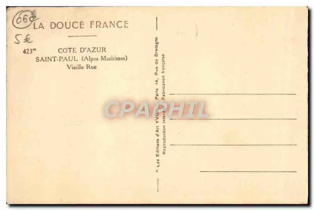 Saint-Paul (Alpes-Maritimes) — Velha Rue — Éditions d'Art Yvonne, Paris - Verso