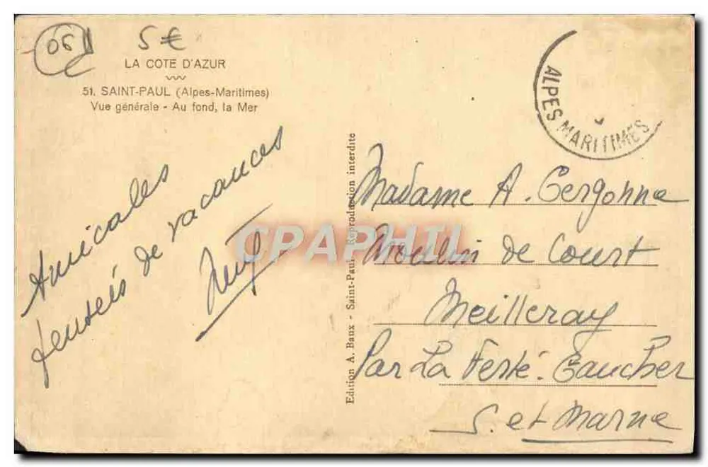 Saint-Paul — Vista geral — No fundo, o Mar — Édition A. Baux - Verso