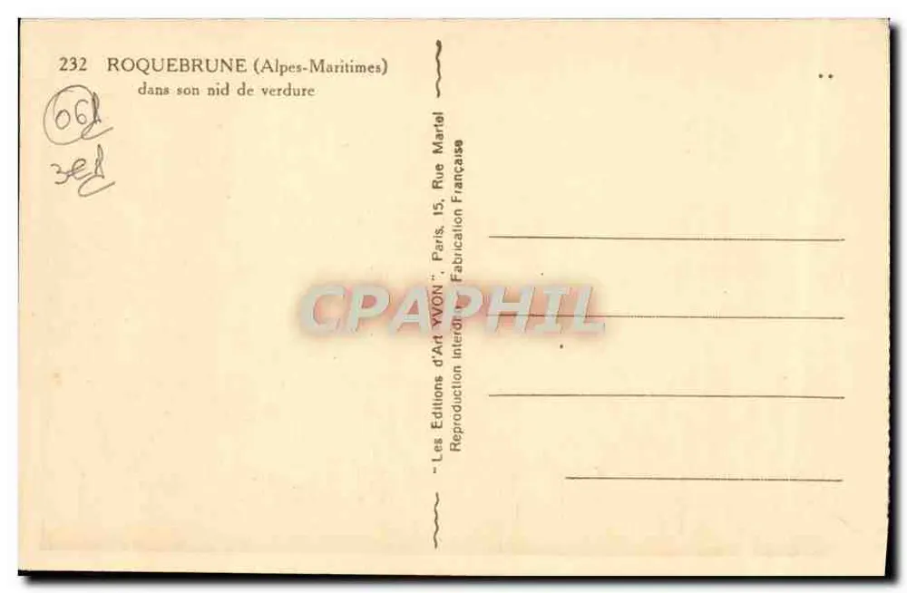 Roquebrune (Alpes-Maritimes) — no seu ninho de verde — Éditions d'Art YVON, Paris - Verso