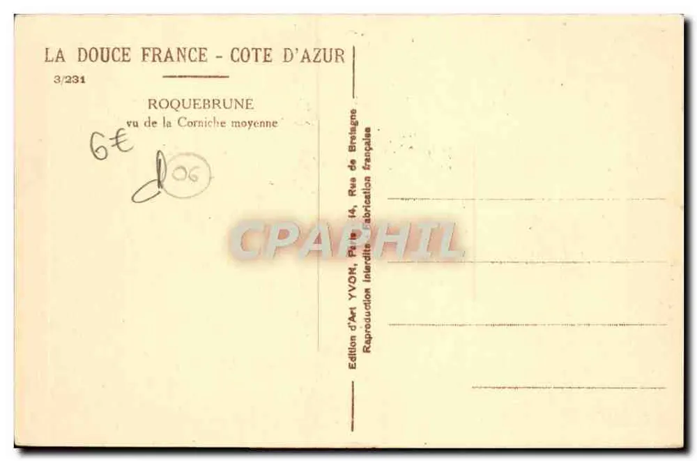 Roquebrune — Ansicht der Mittleren Corniche — Kunstausgabe YVON, Nr. 3/231 - Rückseite