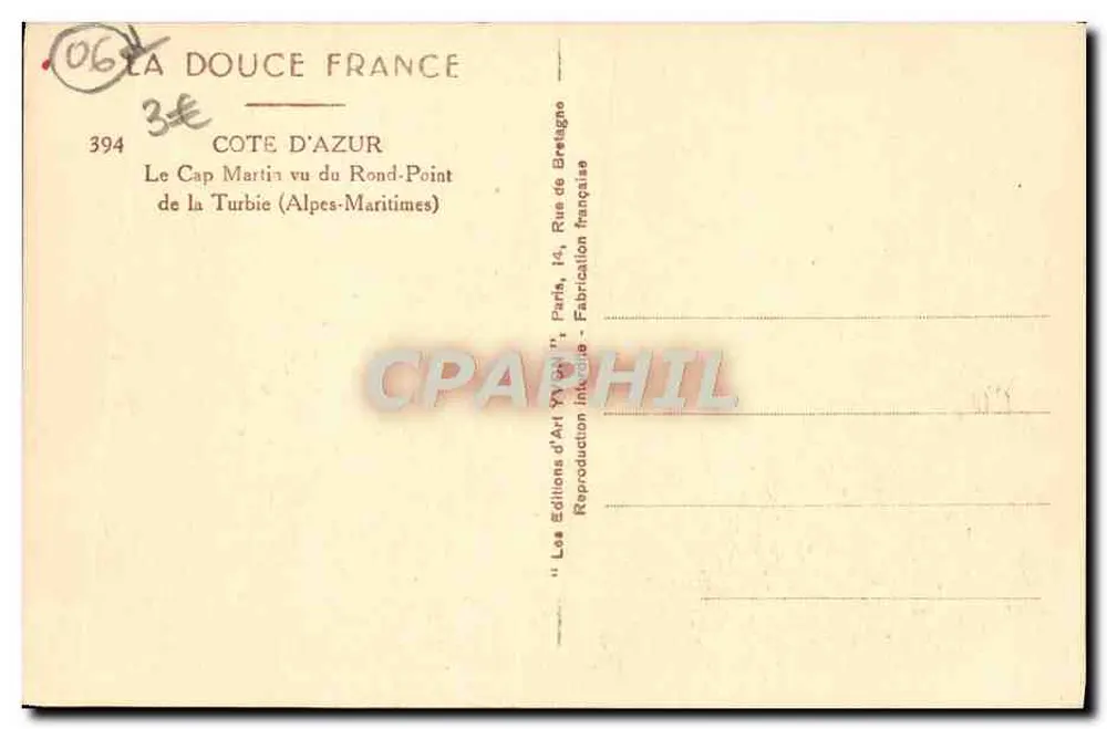 Die Große Corniche — Ansicht des Cap Martin von Turbie — Les Éditions d'Art 'La Douce France' - Rückseite