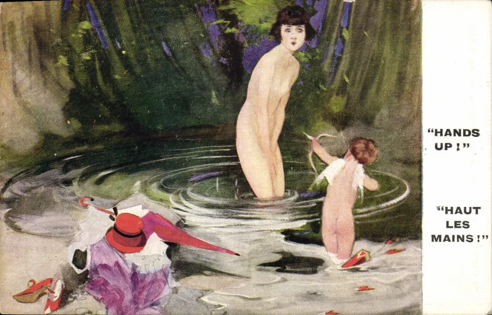 Frauen nackt und Kind im Teich — 'HANDS UP !' / 'HAUT LES MAINS !' — 'ARTISTIQUE' Serie, Nr. 2878, Florence House, Barnes, London - Vorderseite
