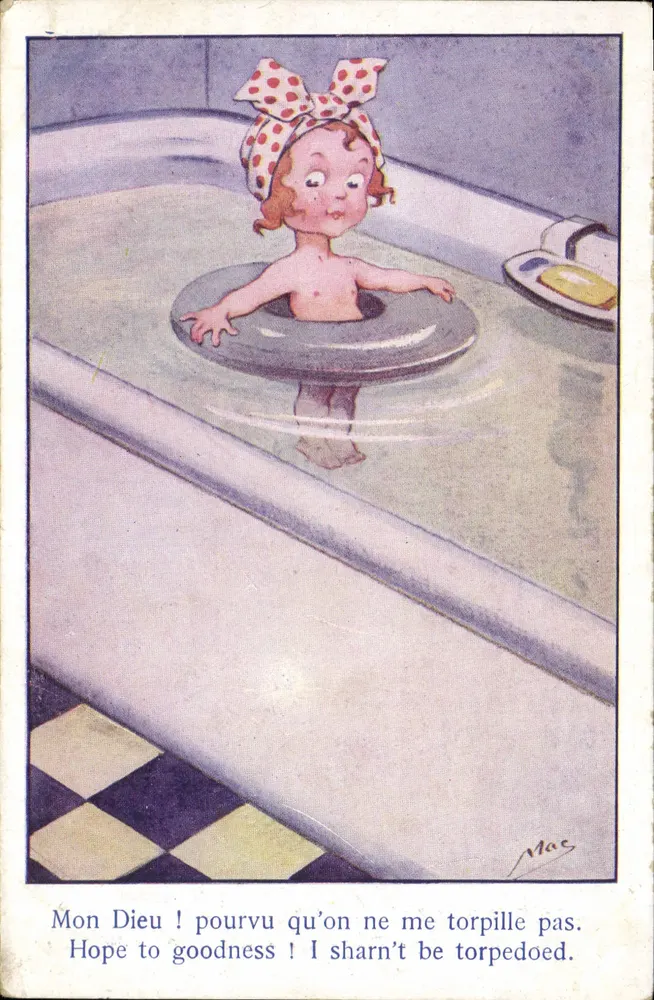 Menina pequena na banheira — ilustração humorística — Mac - Frente